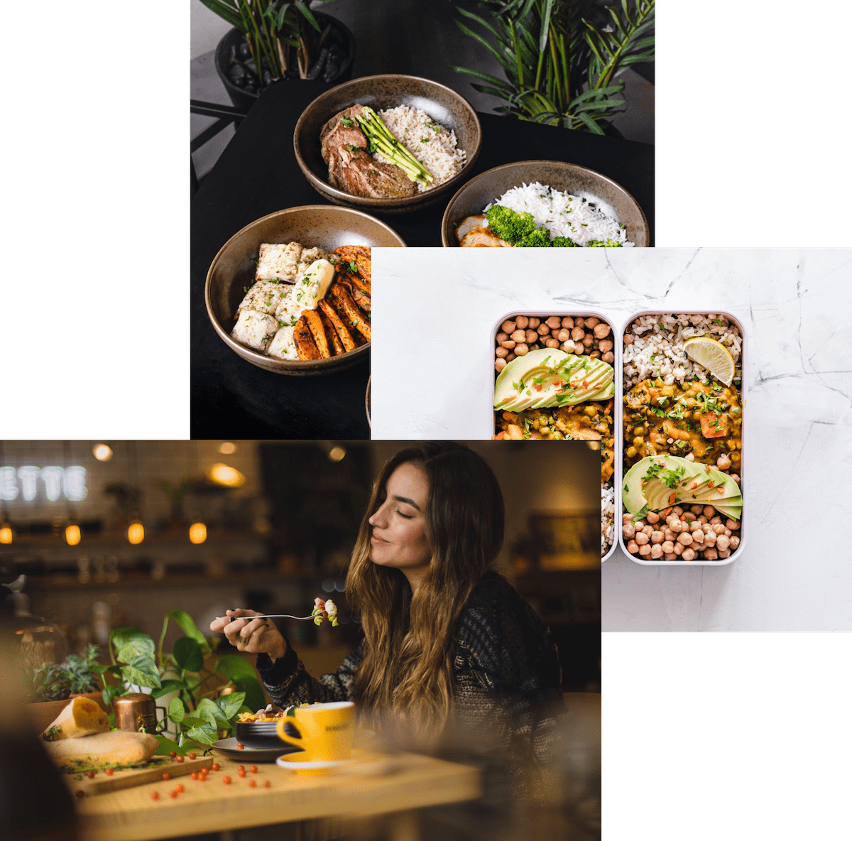 A woman enjoying food, meals in a storage container, and food bowls on a table